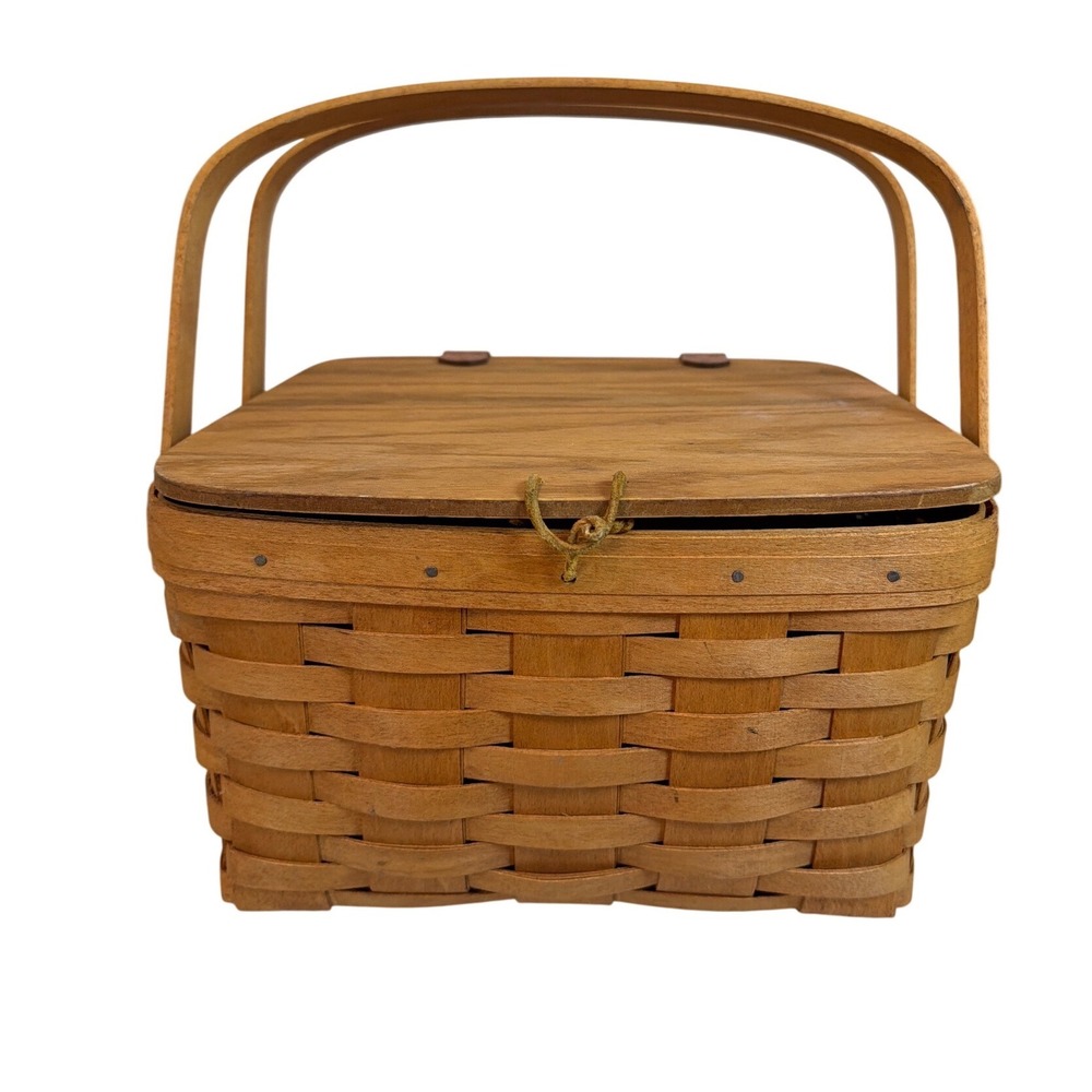 Longaberger 1994 Picnic Basket with Lid and Double Handles Woven Wood Vintage